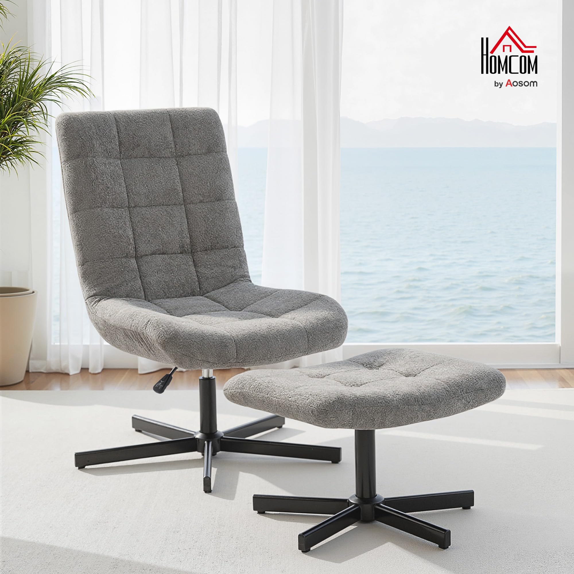 HOMCOM Fauteuil Salon avec Repose-Pieds, Chaise pivotante en Velours sans accoudoirs, Hauteur réglable, Dossier inclinable 4 Positions, Assise rembourrée, Fauteuil Relax pour Salon et Chambre, Gris | Sans Accoudoirs, Hauteur Réglable, Dossier Inclinable 4