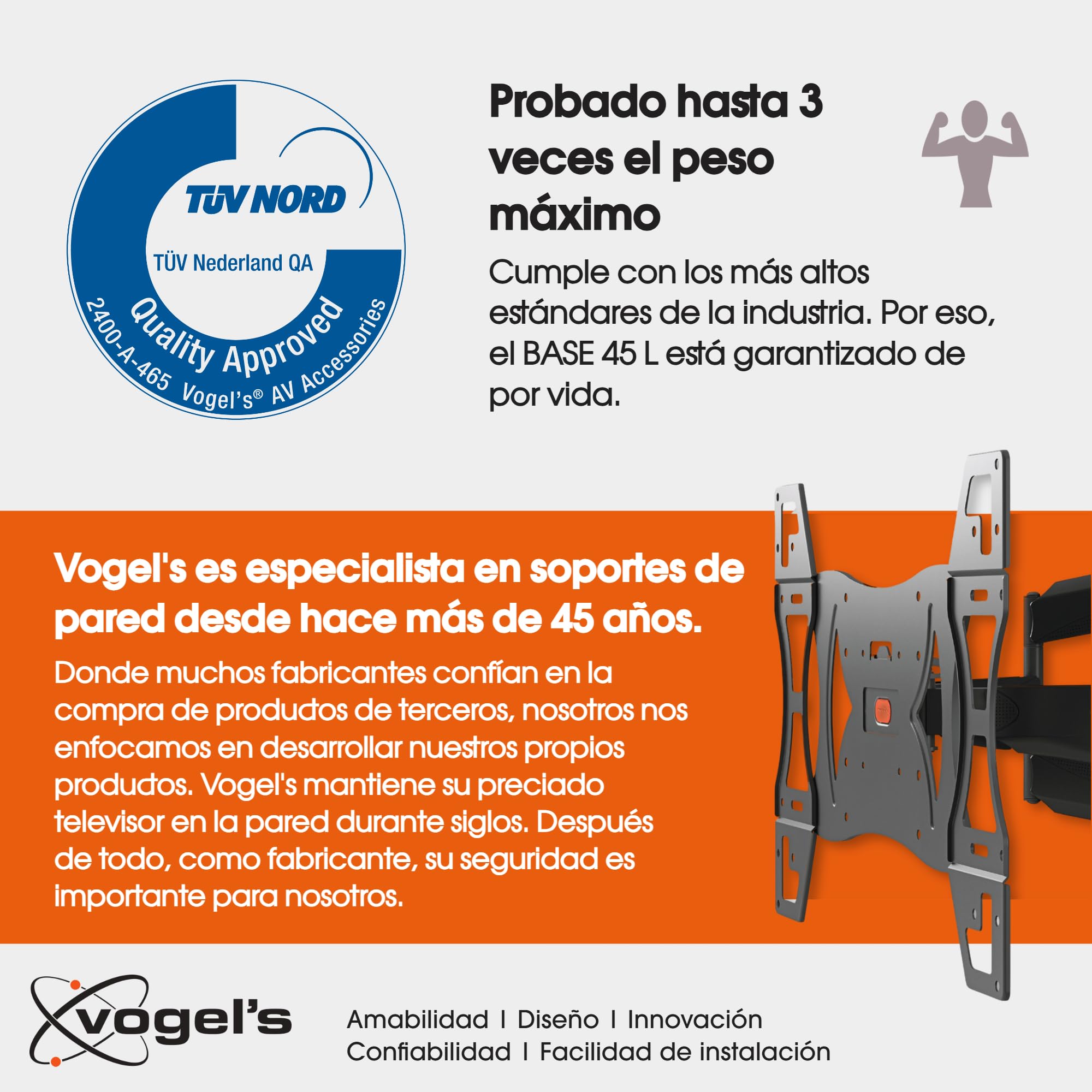 Vogel's Base 45 L Soporte de Pared para TV, Inclinable y Giratorio 180º, para televisores de Entre 40-82 Pulgadas (102-208 cm), VESA Máx. 600x400, Carga Máx. 45 kg, Certificación TÜV