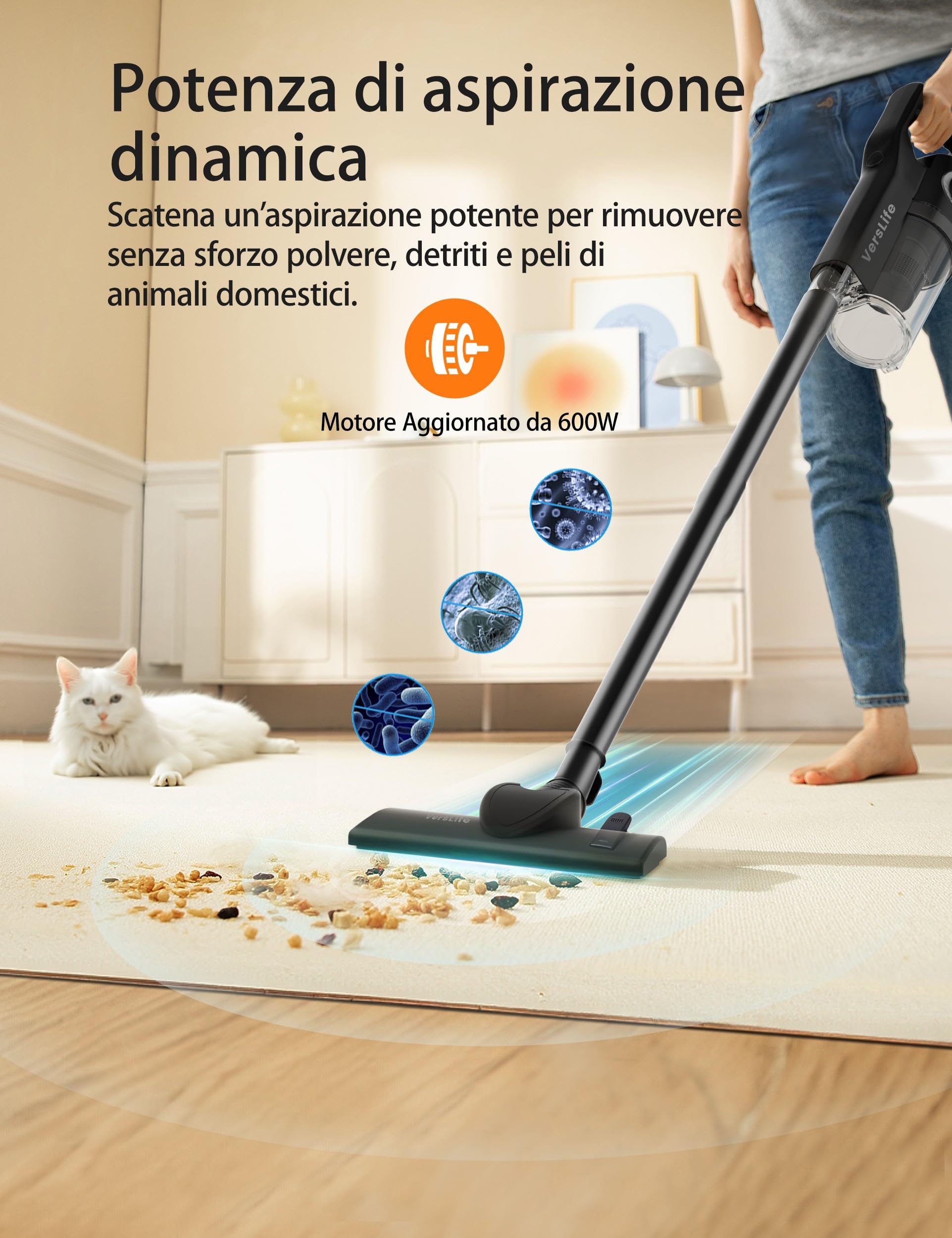 VersLife C8 Aspirapolvere con Filo, Scopa Elettrica con Filo 20000 Pa Aspirazione Potente, 600W Aspirapolvere senza Sacco, Adatto a tutti i tipi dei pavimenti