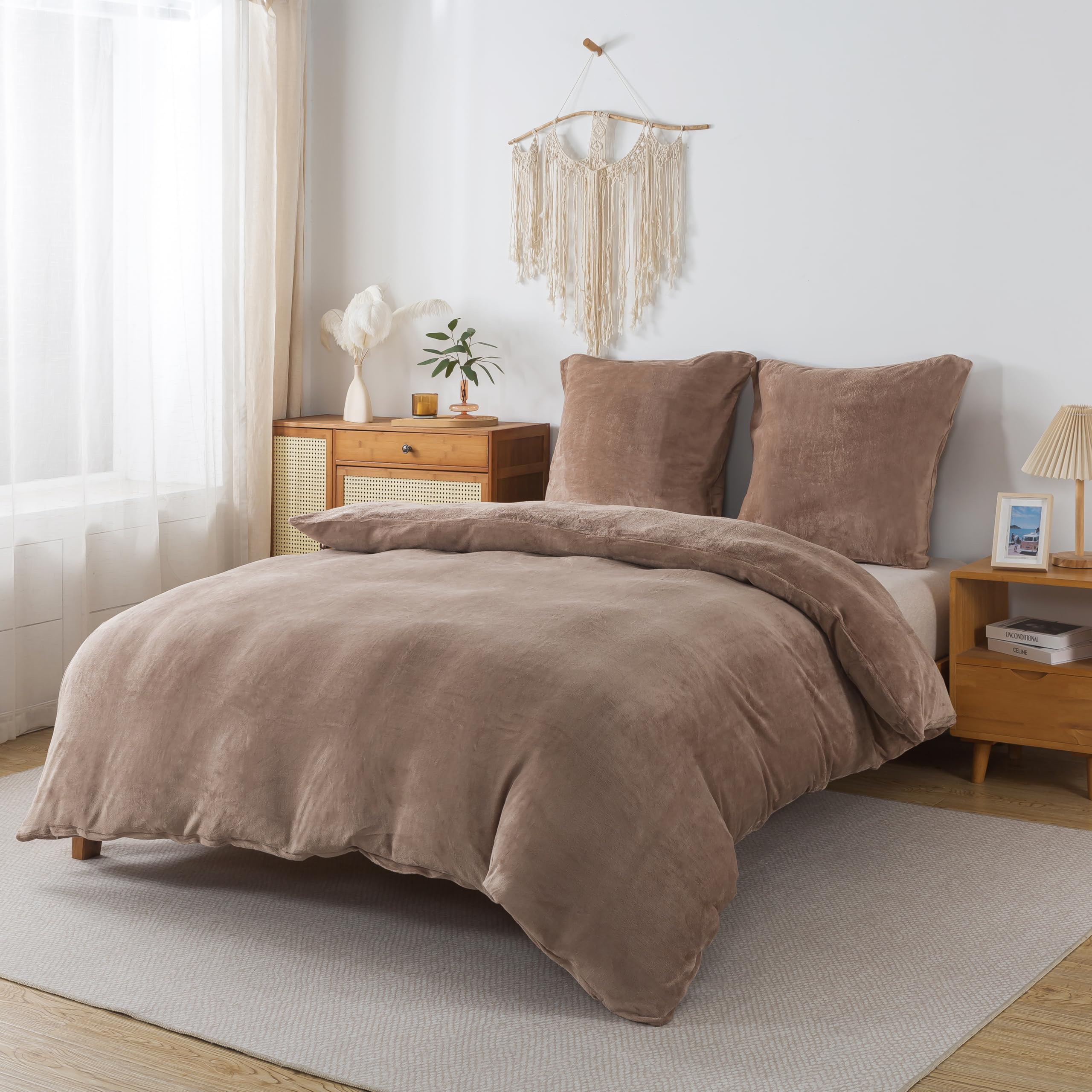 Plüsch Bettwäsche 200x200 cm Kaffeebraun 3tlg Set, Winter Biber Warm Flauschig Bettbezug und 2 Kissenbezüge 80x80cm, Kuschelig Weich Cashmere Touch Flanell Bettdeckenbezug Bettdecke Cover
