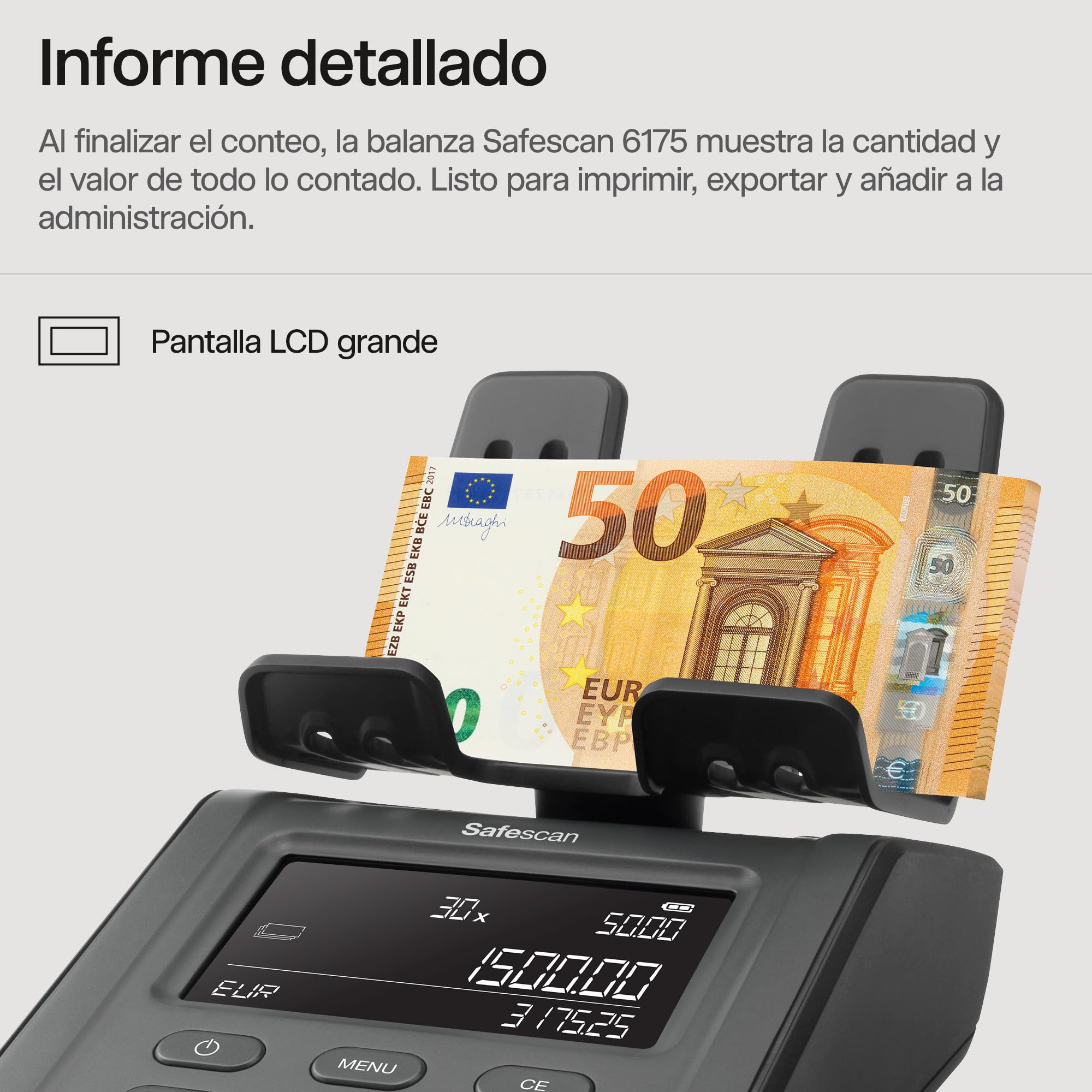Safescan 6175 Máquina para contar dinero cuenta valor de monedas, billetes, vales y fichas -Cuenta monedas con reconocimiento automático de rollos -Balanza de dinero que guarda resultados del conteo