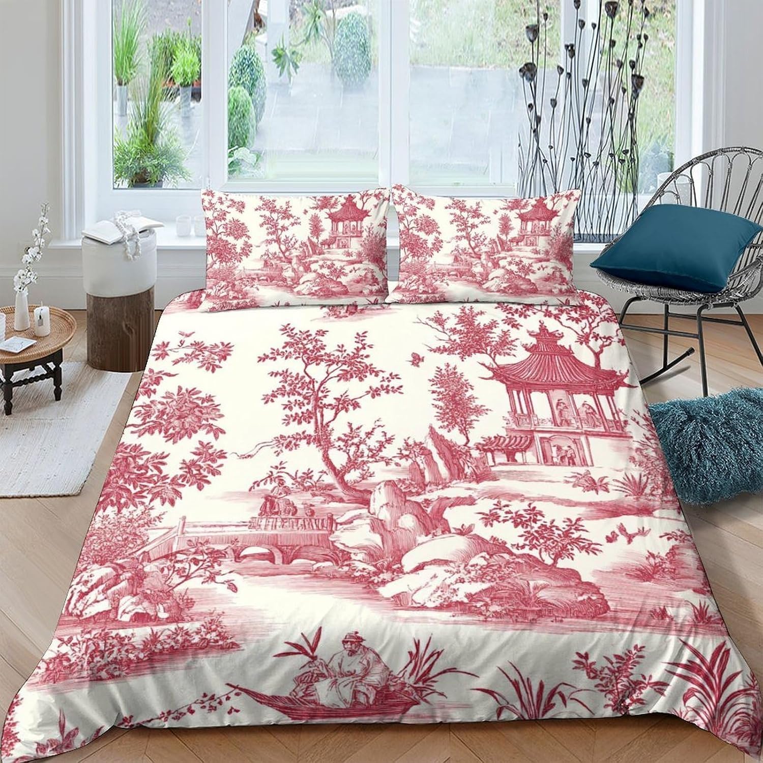 Funda Nordica Cama 180 Jardín de Estilo Chino Ropa de Cama 3D Estilo Acuarela 3 Piezas Suave Transpirable Microfibra Funda Nórdica 260x240 cm y 2 Fundas de Almohada 50x75 cm C.2449