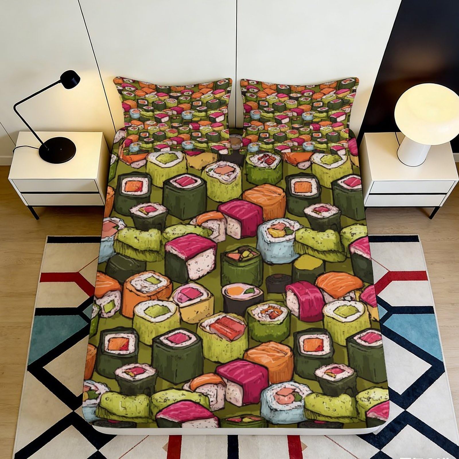 3D Printed Sushi Pattern Fitted Sheet Microfiber Durable Soft Bed Cover with Anti-Slip Mattress Cover for Bedroom Dormitory Guest Room Protection 90x200x25cm