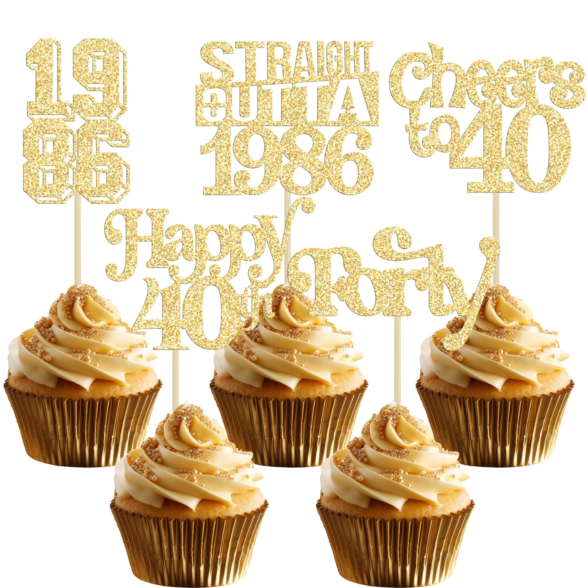 Gyufise 30Pcs Happy 40th Birthday Cupcake Toppers Glitter Forty Straight Outta 1986 Cupcake Picks Cheers to 40 Fabulous Cake Decorations for Happy 40th Birthday Anniversary Party Supplies Gold