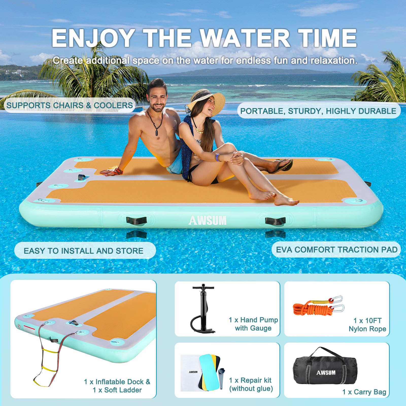 AWSUM Bacino galleggiante gonfiabile, 2,4 m/3 m, superficie antiscivolo in EVA, piattaforma gonfiabile per piscina, spiaggia, oceano