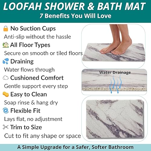 Miniatura 4 de ENKOSI Loofah - Tapete antideslizante para ducha y baño, comodidad acolchada suave, sin ventosas para bañeras lisas o texturizadas, drenaje rápido,