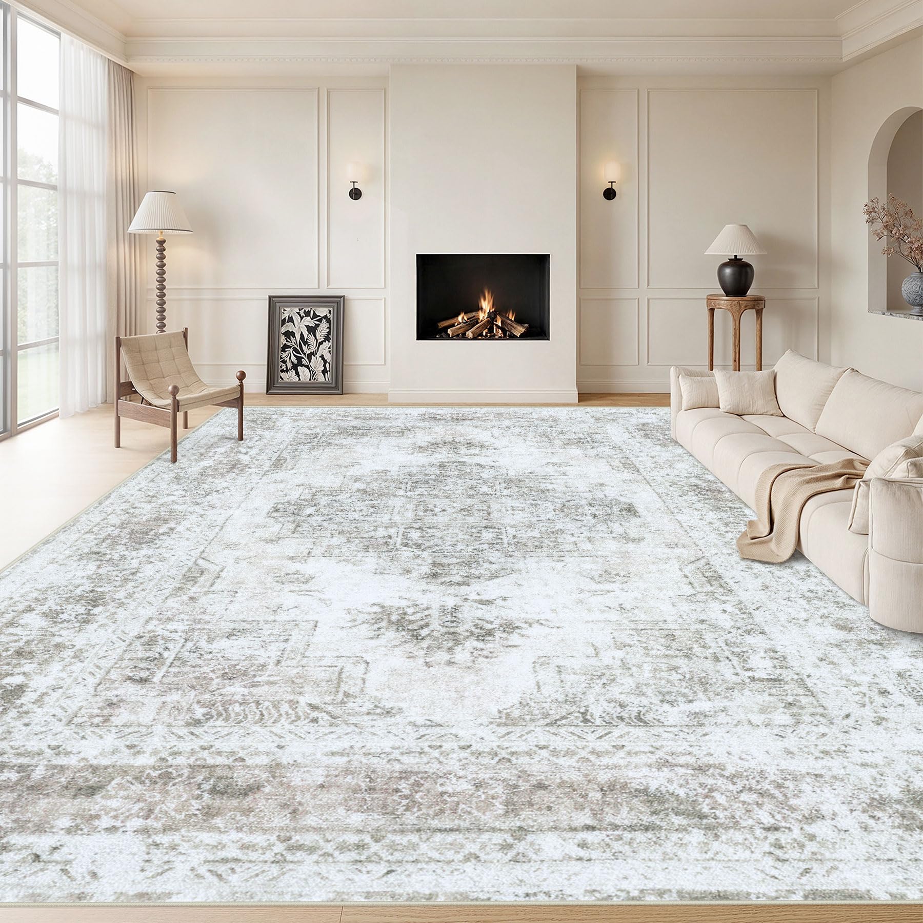 XLUEZ Area Rug 8x10 Living Room Rug, Machine Washable Vintage Distressed Medallion Rug Non-Slip Soft Low Pile Large Indoor Rugs for Bedroom Kitchen