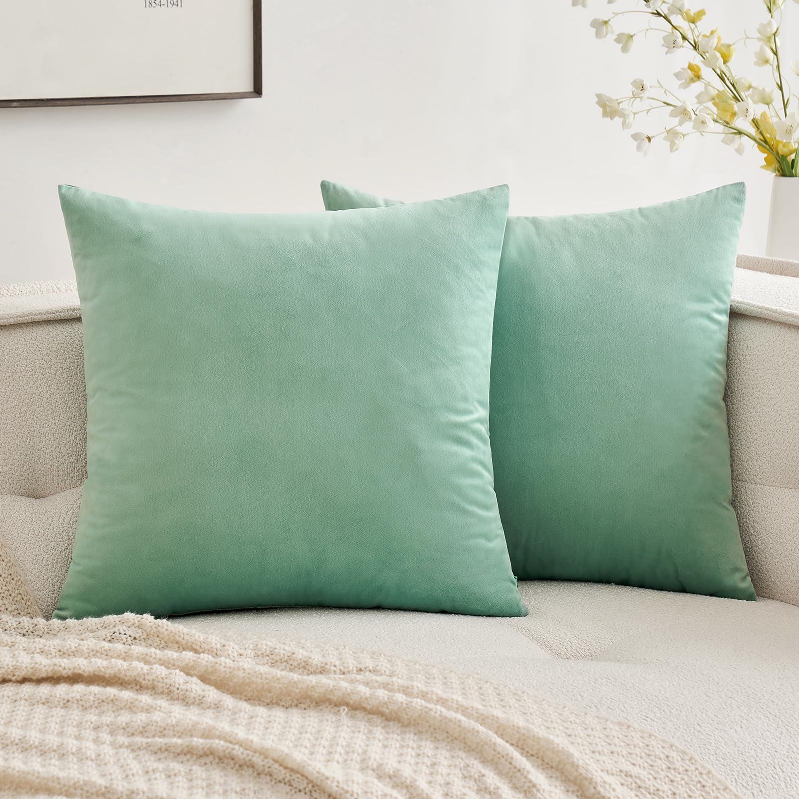 MIULEE Pack of 2 Greyish Green Velvet Throw Pillow Covers 18x18 Inch Soft Solid Decorative Square Set Cushion Cases for Spring Couch Sofa Bedroom