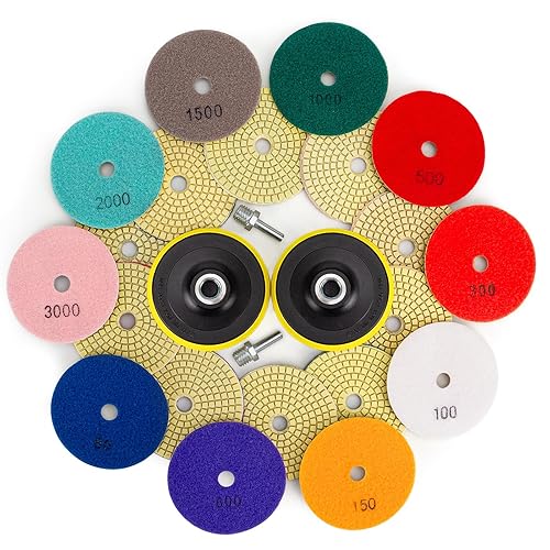 Tanzfrosch 3 inch Diamond Polishing Pads Set WetDry Polishing Kit 10pcs 50#-3000# Grit Pads with 2pcs Hook and Loop Backer Pads for Granite Stone