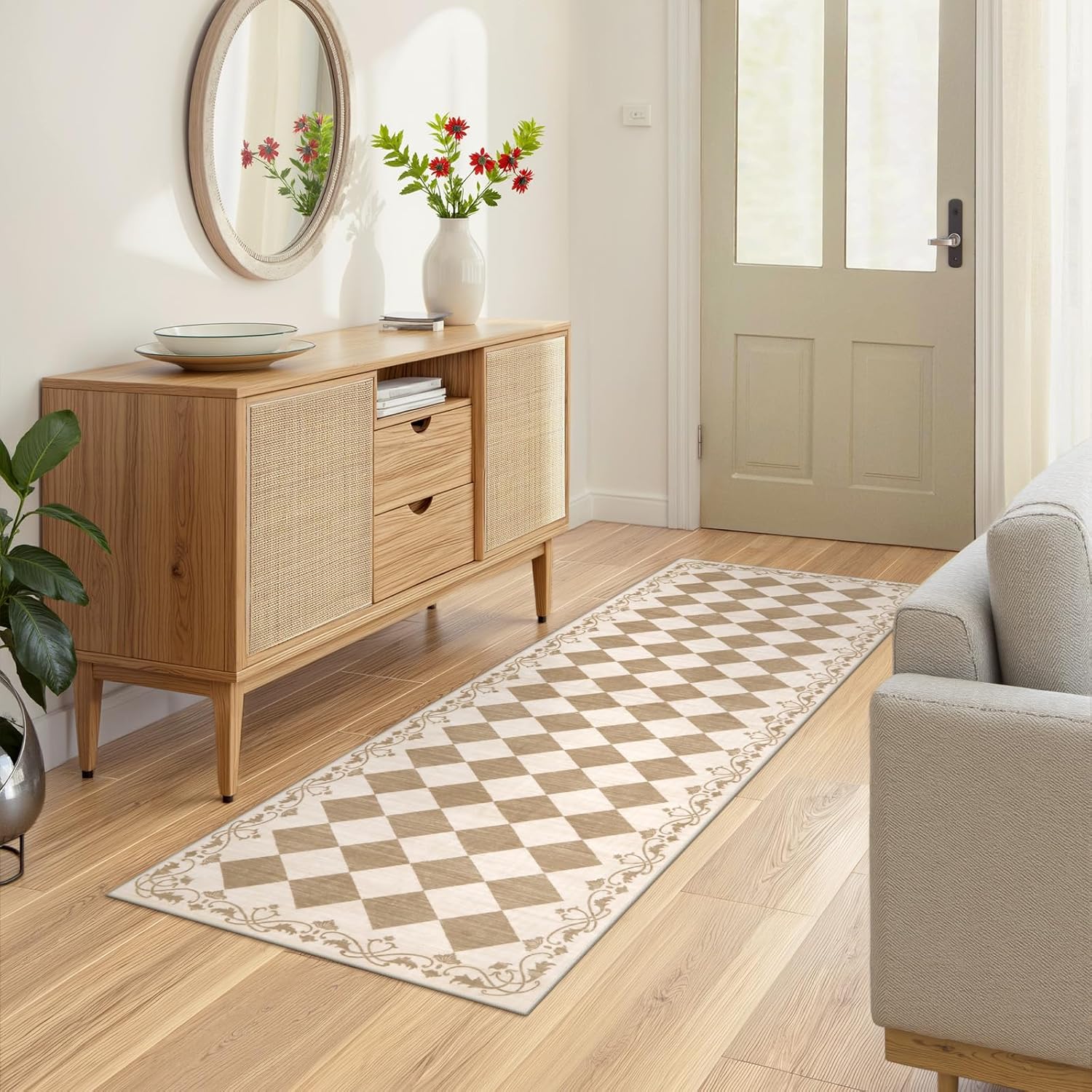 Beeiva Checkered Hallway Rug 2x6 Washable Runners for Kitchen Floor Non Slip Ultra Thin, Gingham Neutral Soft Bathroom Rug 2x6 Beige Diamond Carpet for Laundry Bedroom Entryway Home Deocr - Image 8