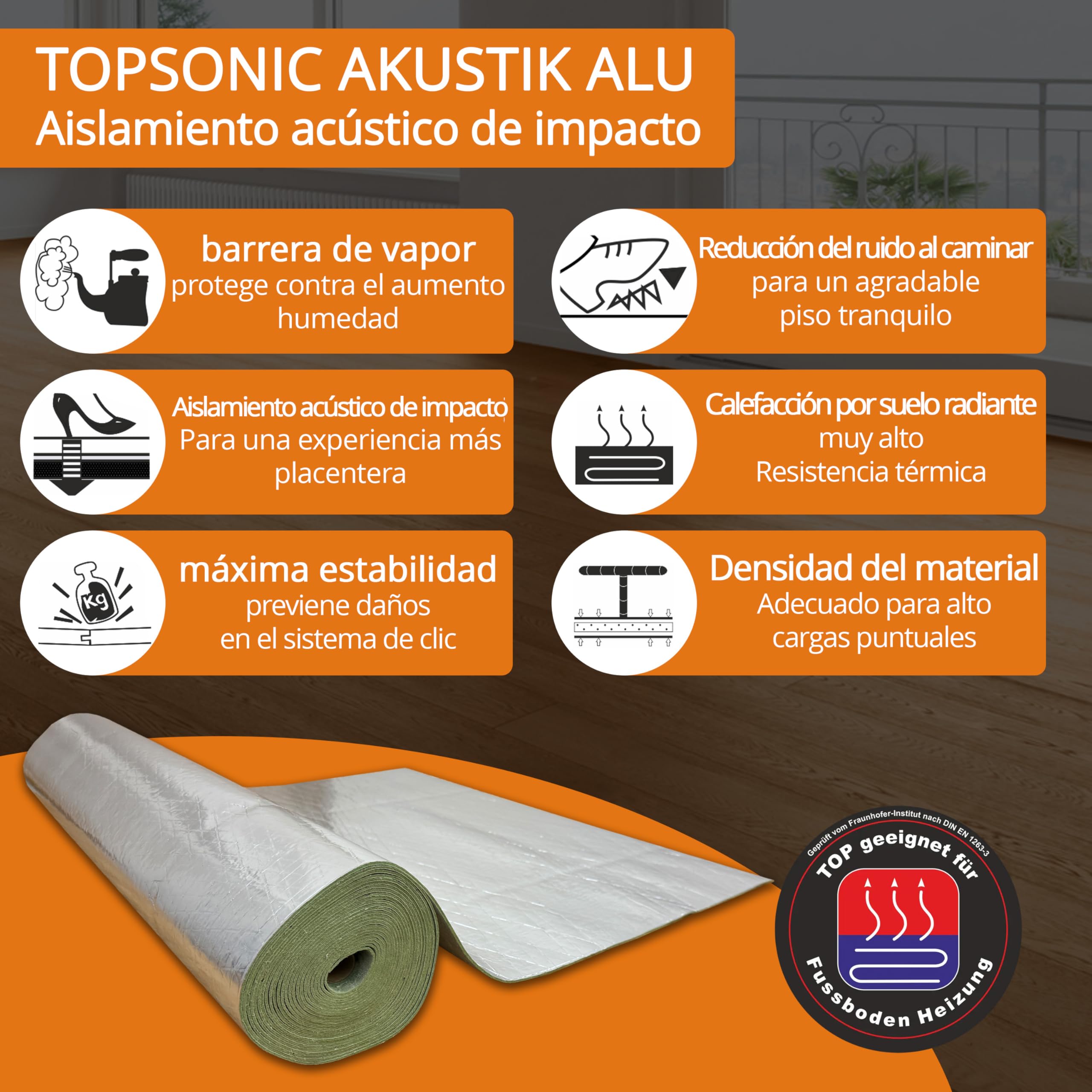 50 m² | Aislamiento acústico de impacto uficell® TOPSONIC AKUSTIC ALU - 3 mm de espesor - ideal para calefacción por suelo radiante (3 mm de espesor, 50 m² / 5 rollos de 10 m)