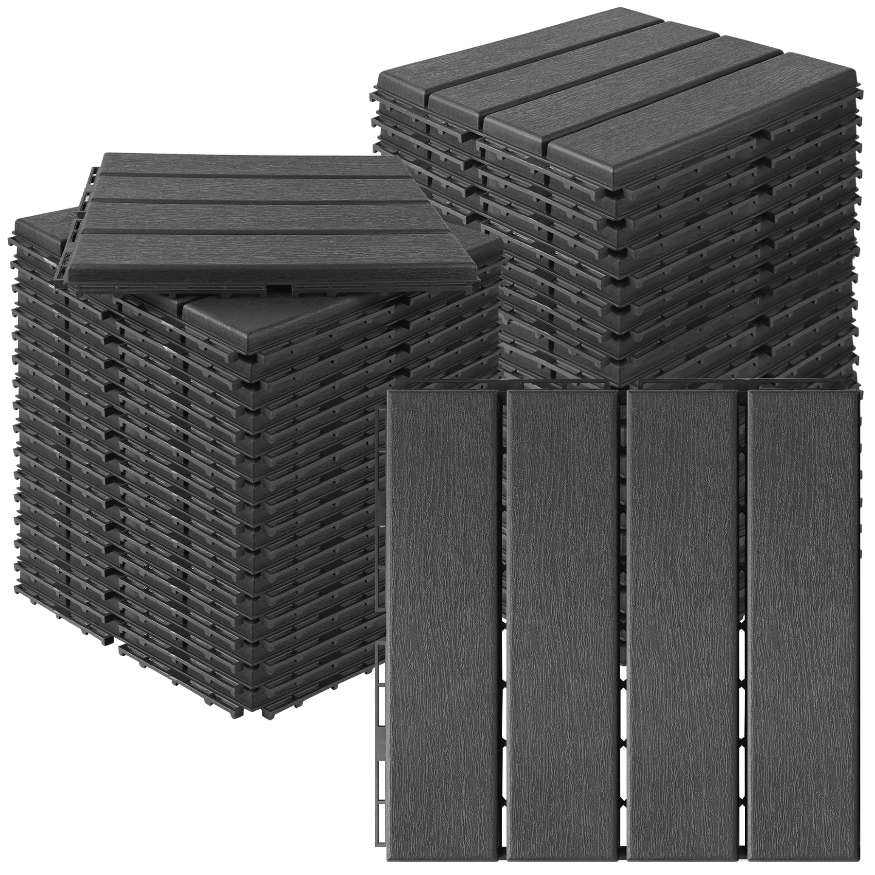 MYFAMIREA 36 Pcs Plastic Interlocking Deck Tiles 12" x 12" Patio Floor Decking Tiles Indoor Outdoor Waterproof Non-Slip Flooring Tiles All Weather Use for Balcony Backyard Porch Poolside, Dark Grey