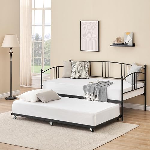 IDEALHOUSE Twin Daybed with Trundle, Metal Twin Size Daybed with Pullout Trundle 6 Casters, Steel Slat Support Sofa Bed for Living Room, Bedroom, Guest Room (Black) - Black