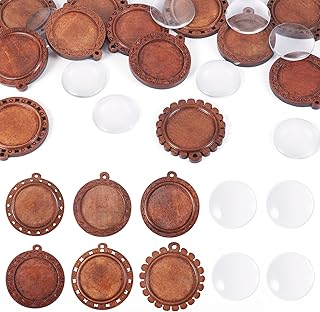 Craftdady 12 colgantes planos redondos de madera con cabujones de cristal, colgantes de memoria fotográfica, kits de fabricación de joyas para collares vintage, llaveros, manualidades, color marrón