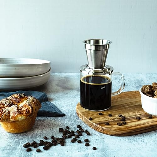 Miniatura 2 de Juego de cafetera de vidrio de viaje, 4 piezas (gris)  Filtro de acero inoxidable 182 con tapa  Taza de vidrio de borosilicato sin BPA  Cafetera de