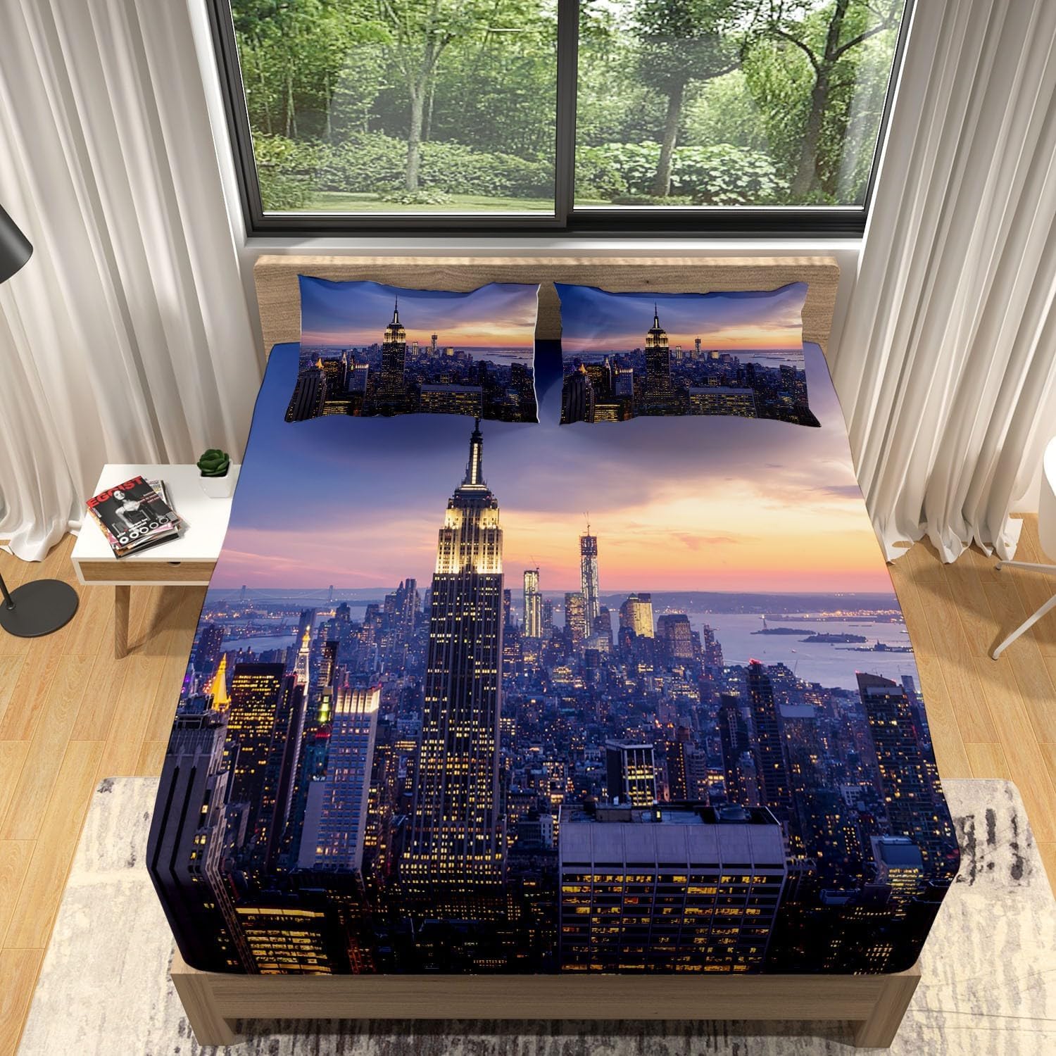 Drap Housse 180x200 New York, 3D Drap-Housse New York Drap Poche Profonde 30 cm, Draps Housse Microfibre, 2 Taies d'oreillers, pour Matelas éPais ii1110