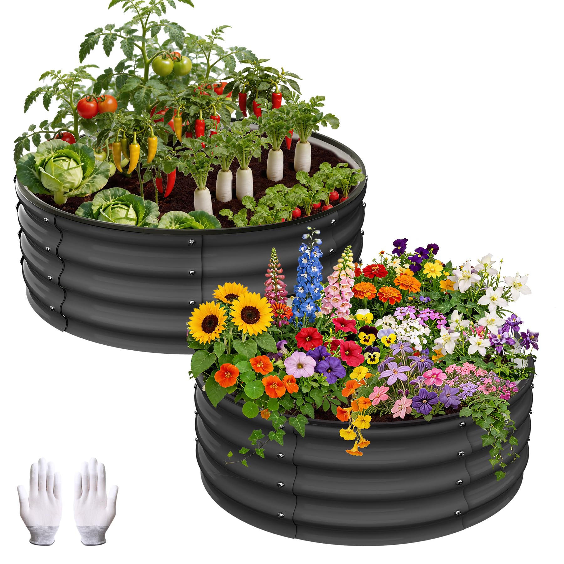 GarveeMore Raised Garden Bed, Rectangular Planter Raised Beds for Plants, Vegetables and Flowers, Round Galvanized Metal Raised Garden Beds, 2x2x1 FT, Dark Grey