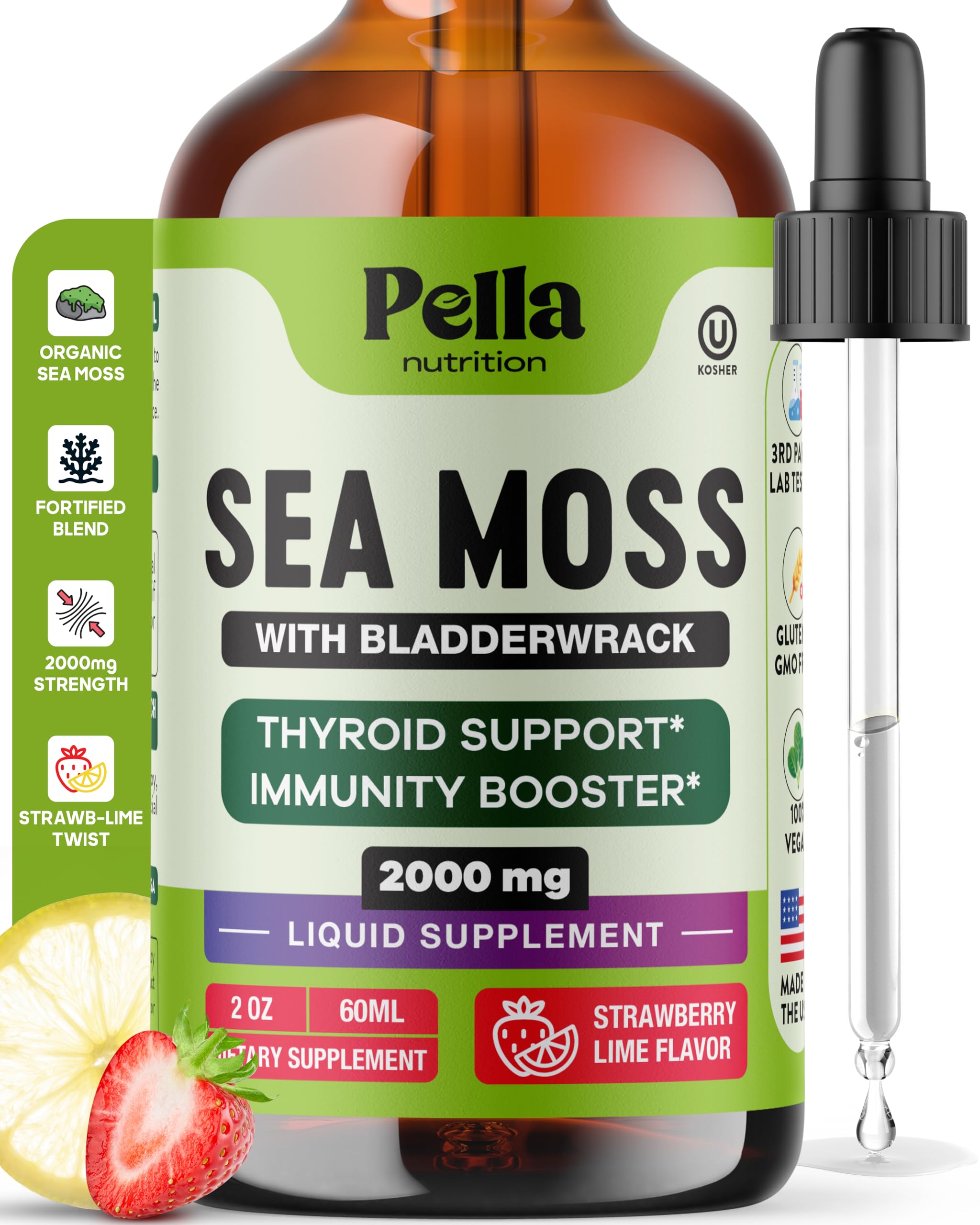 Pella Nutrition Sea Moss Drops with Bladderwrack – 4X Faster Absorption Than Irish Sea Moss Gel Superfood, Gummies, and Capsules – Digestive & Immune Support Supplement (Strawberry Lime, 60mL)