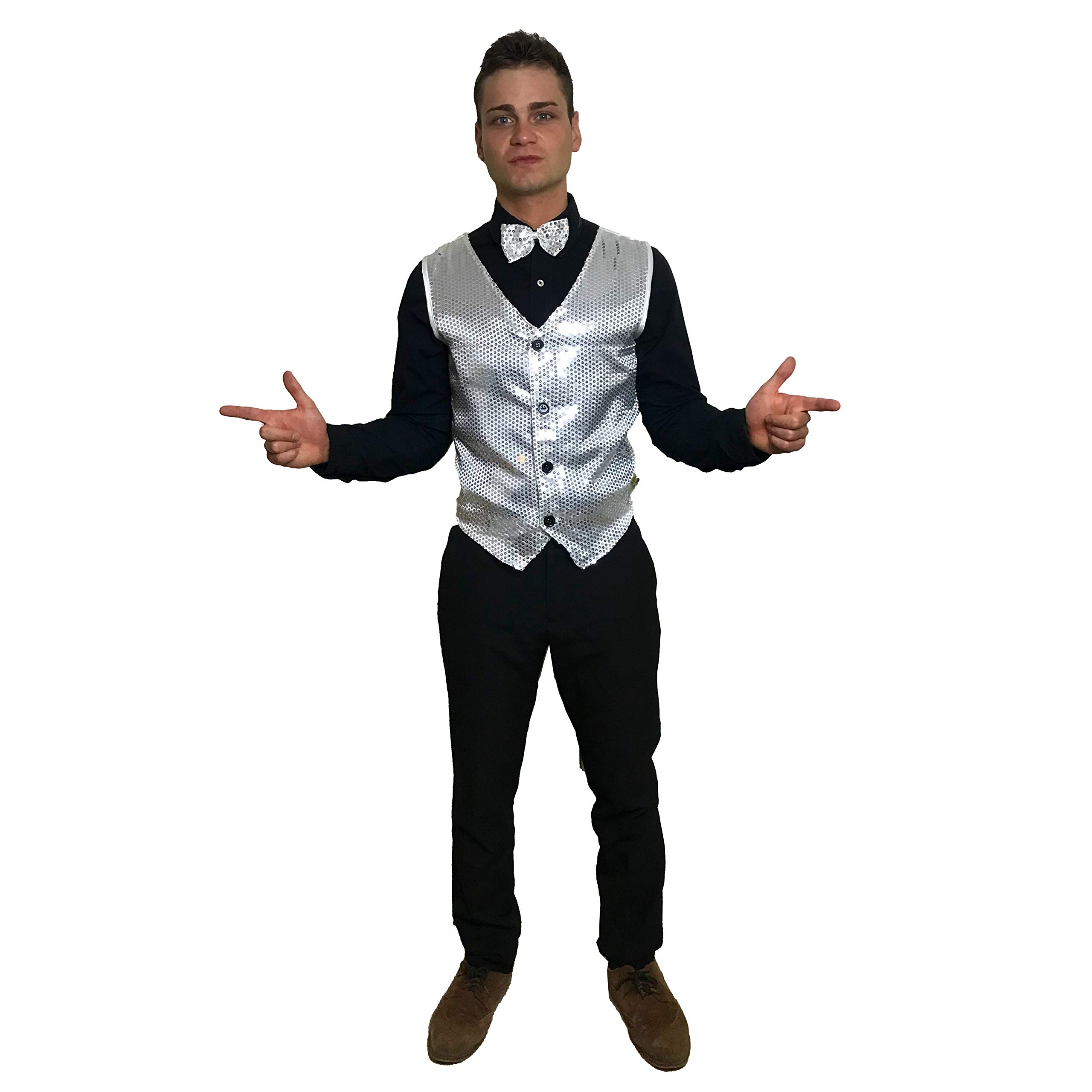 SoWest Men’s Gold Sequin Waistcoat & Bow Tie Set – Shiny Showbiz Fancy Dress Costume Vest for Party, Festival, Disco & Carnival Events | Adult Sparkly Dress-Up Outfit, Silver - XL