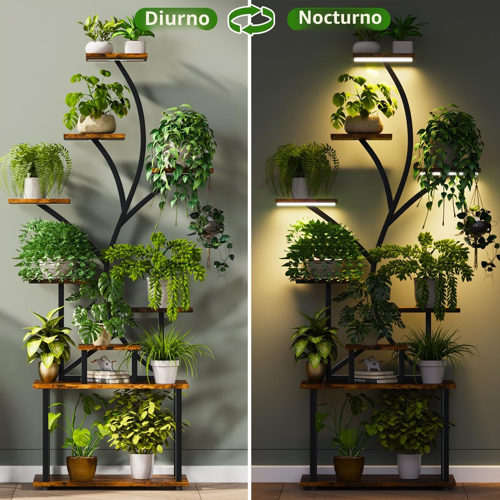 Soporte Plantas Interior de 9 Pisos con Luz de Crecimiento, 161 CM Estanteria para Plantas de Metal Altas Forma de S para Múltiples