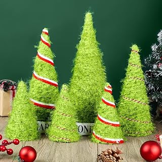 6 PCS 12" 10" 6" Lime Green Furry Christmas Cone Tree Christmas Handmade Xmas Velvet Trees Tabletop Centerpieces Mini Farmhouse Red Green Tree for Kitchen Mantle Winter Home Wedding Party Ornaments