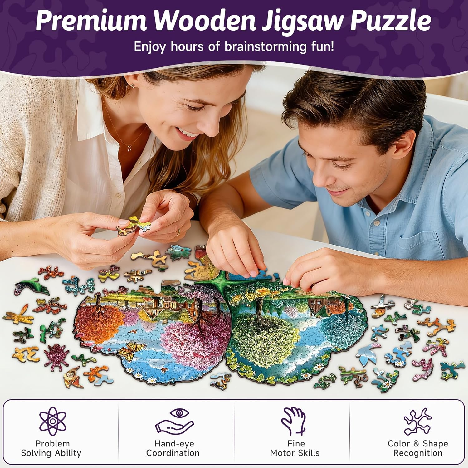 Wooden Jigsaw Puzzle for Adults - 244 Pieces Four Seasons Clover Landscape Puzzles, Premium Wooden Puzzle with Unique Animal Shapes, Artistic Brain Teaser Puzzles Gift for Adults (Shamrock)