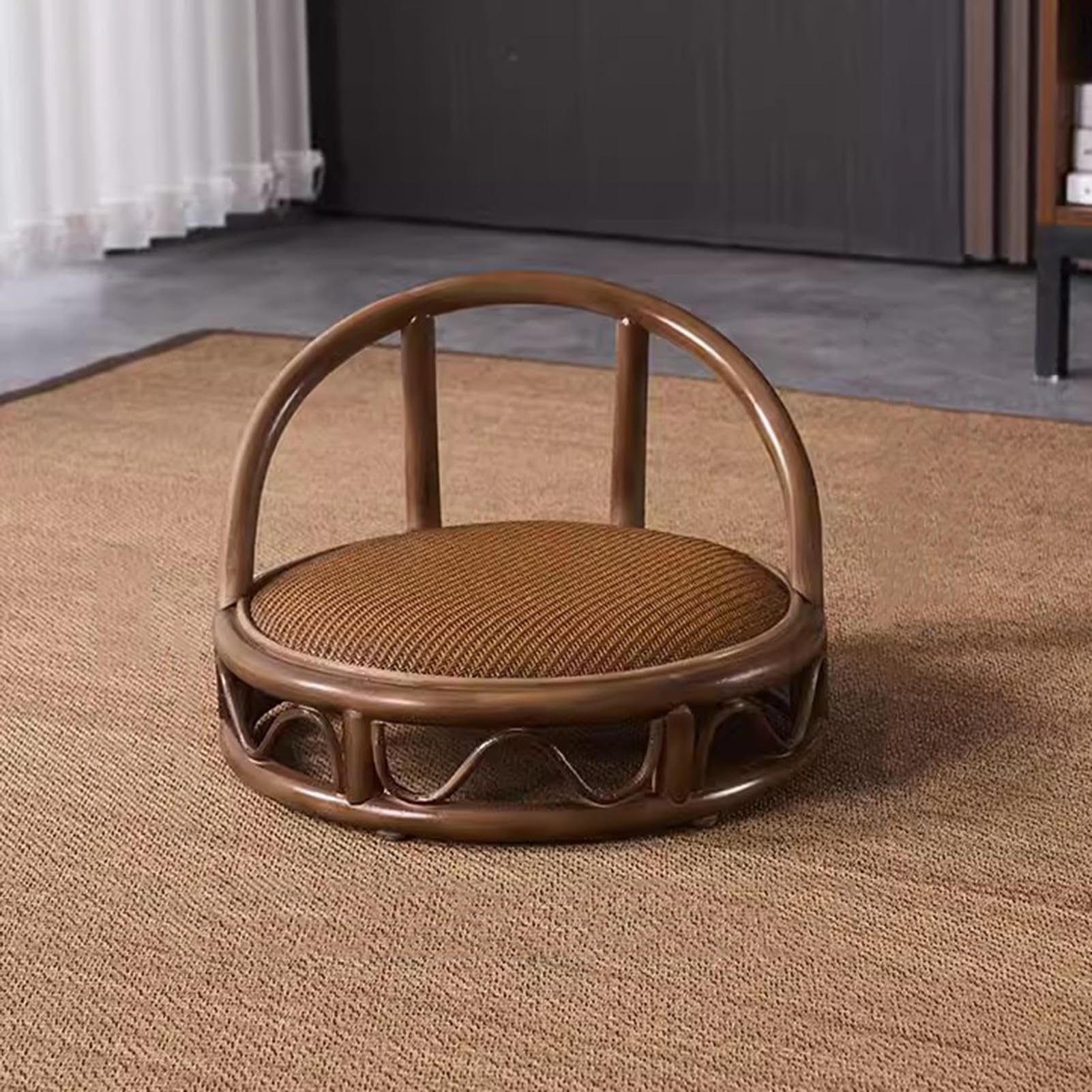 Silla de meditación con Respaldo, Taburete bajo de Madera para Lectura en ventanal, Redonda, para Sentarse (marrón, 45 cm de diámetro x 28 cm de Alto)