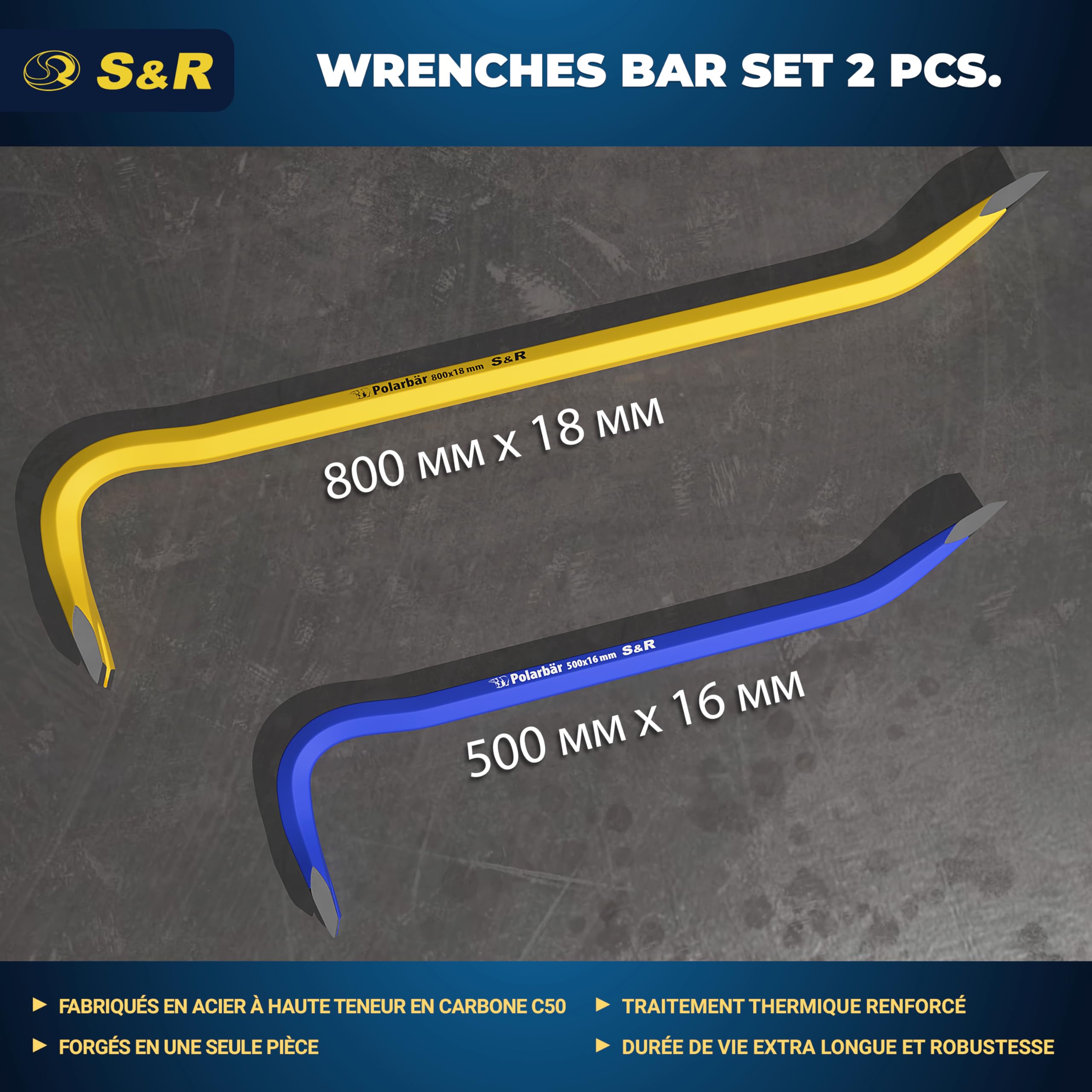 S&R 2 Pieds-de-Biche Professionnels 50 cm et 80 cm – Arrache-Clous Pied de Vache Pince à décoffrer Bois Clous Palettes et Matériaux de Construction