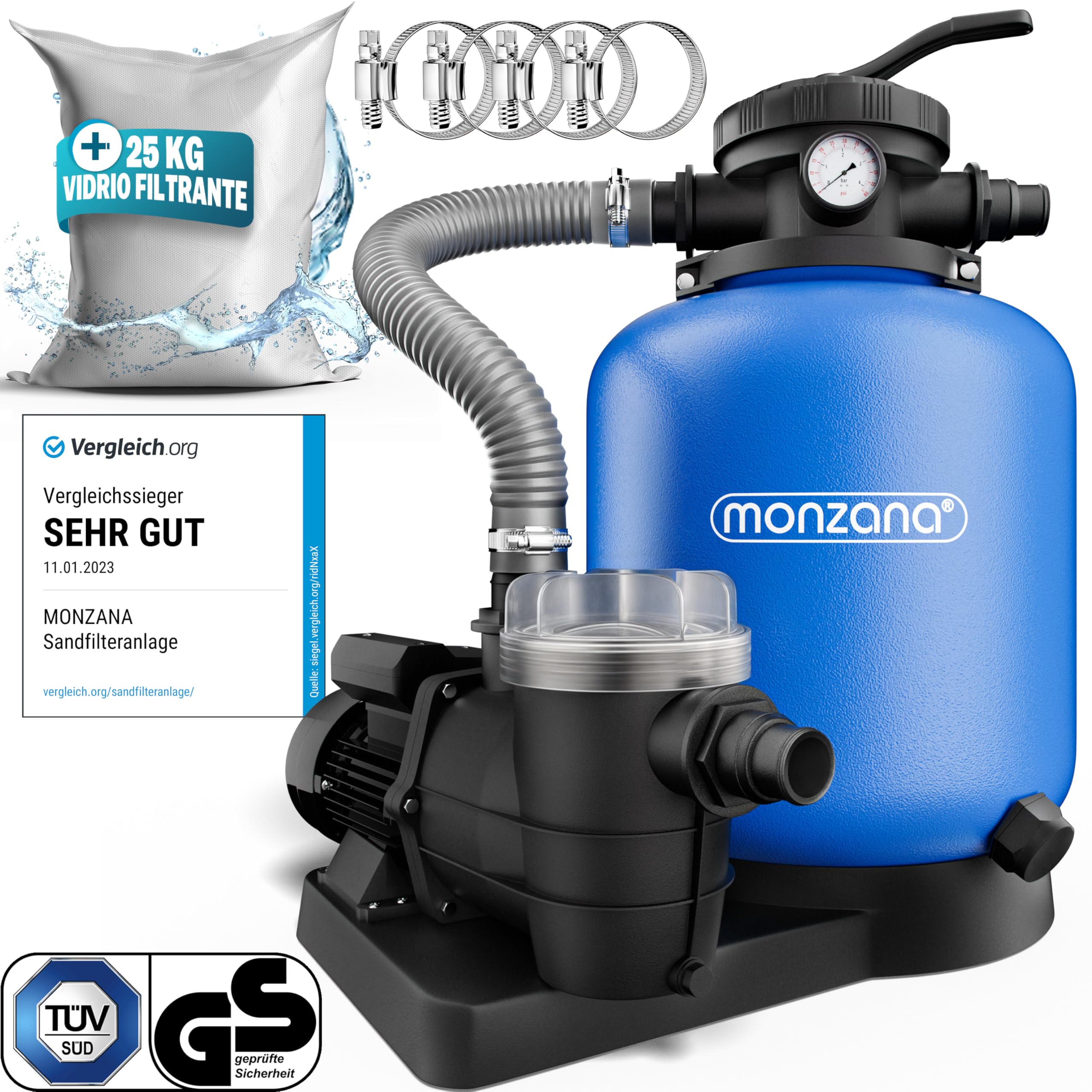 MONZANA Depuradora Piscina 13.200L/h | Filtro Arena 58.000L, Vidrio Filtrante, Válvula 7 Funciones Filtrado, Bomba, 600W, Adaptador Ø32-38mm, Indicador Presión
