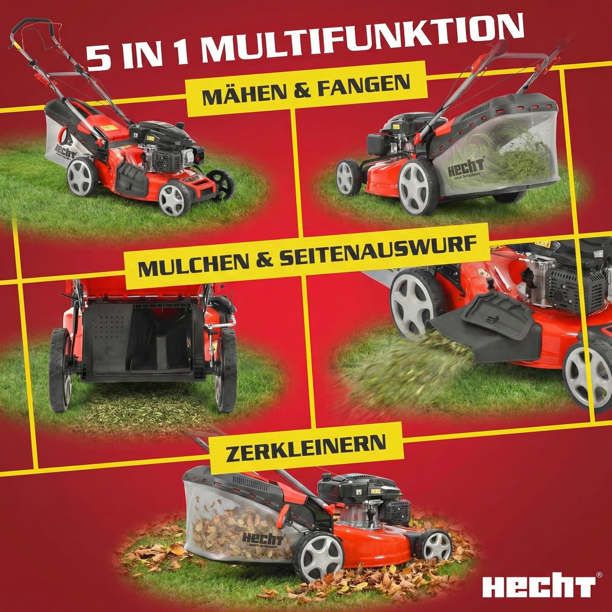 HECHT 5-IN-1 Benzin Rasenmäher – leistungsstarker 4 Takt Eco Motor 4,4 kW (6,0 PS) – Seilzug Starter – mit 53 cm Schnittbreite – 75 l Fangkorb – Radantrieb – patentierte Räder – Mulchmäher