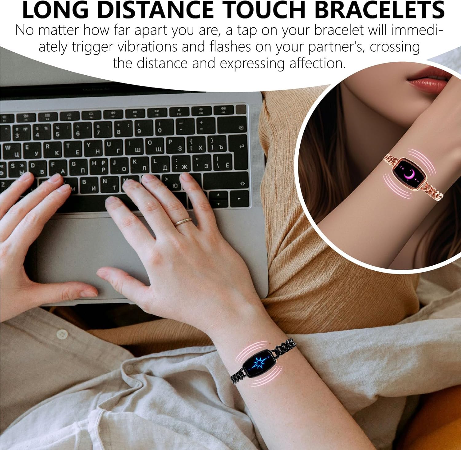 Long DistanceTouch Bracelets for Couples, Vibration and Light up, Long Distance Relationship Gifts, Bluetooth Pairing Jewelry