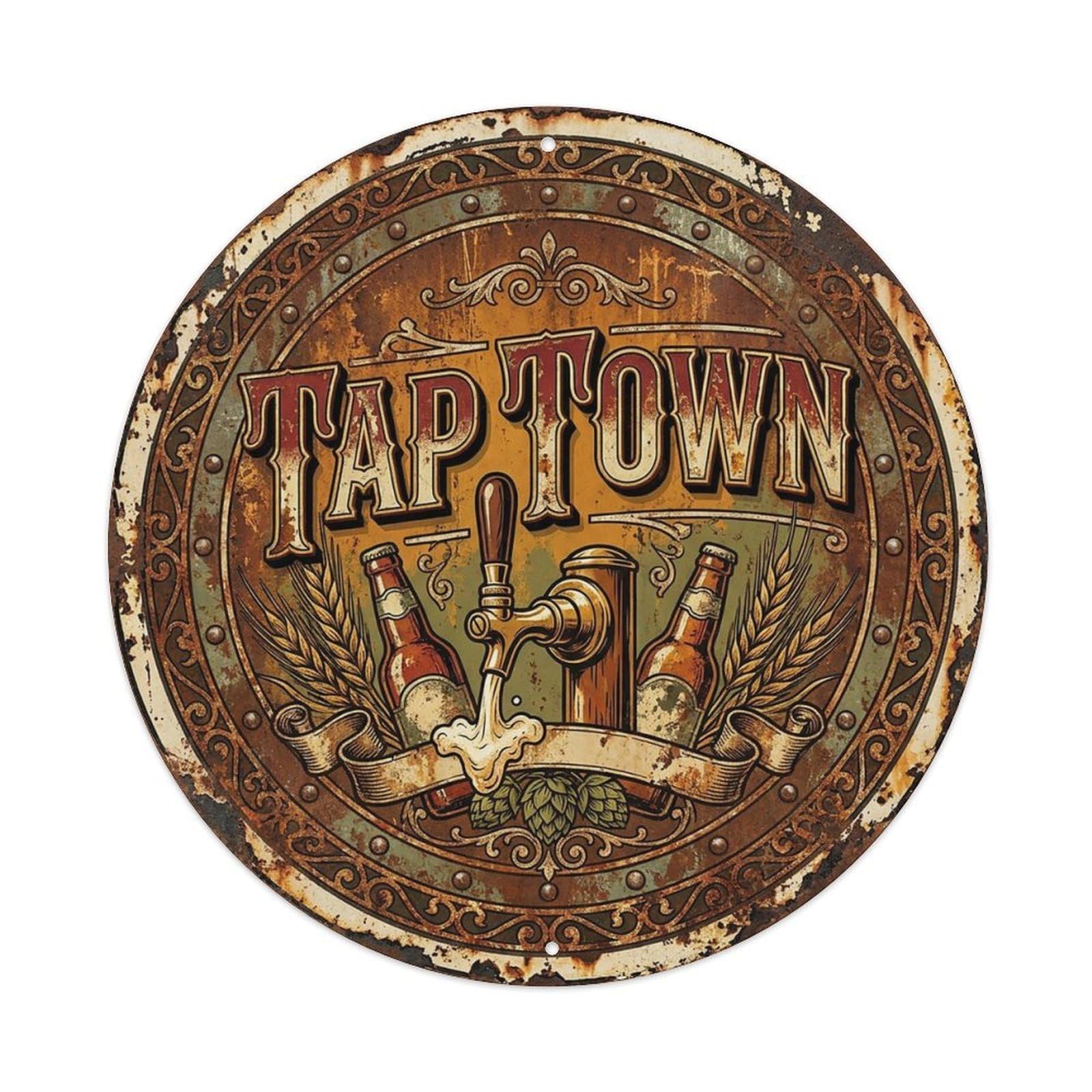 Vintage Beer Breweriana Tap Town Retro Bar for Pub Vintage Metal Tin Sign Plaque Wall Decor for Cafe, Club Bar, Office, Garden Metal Poster 8x8Inch