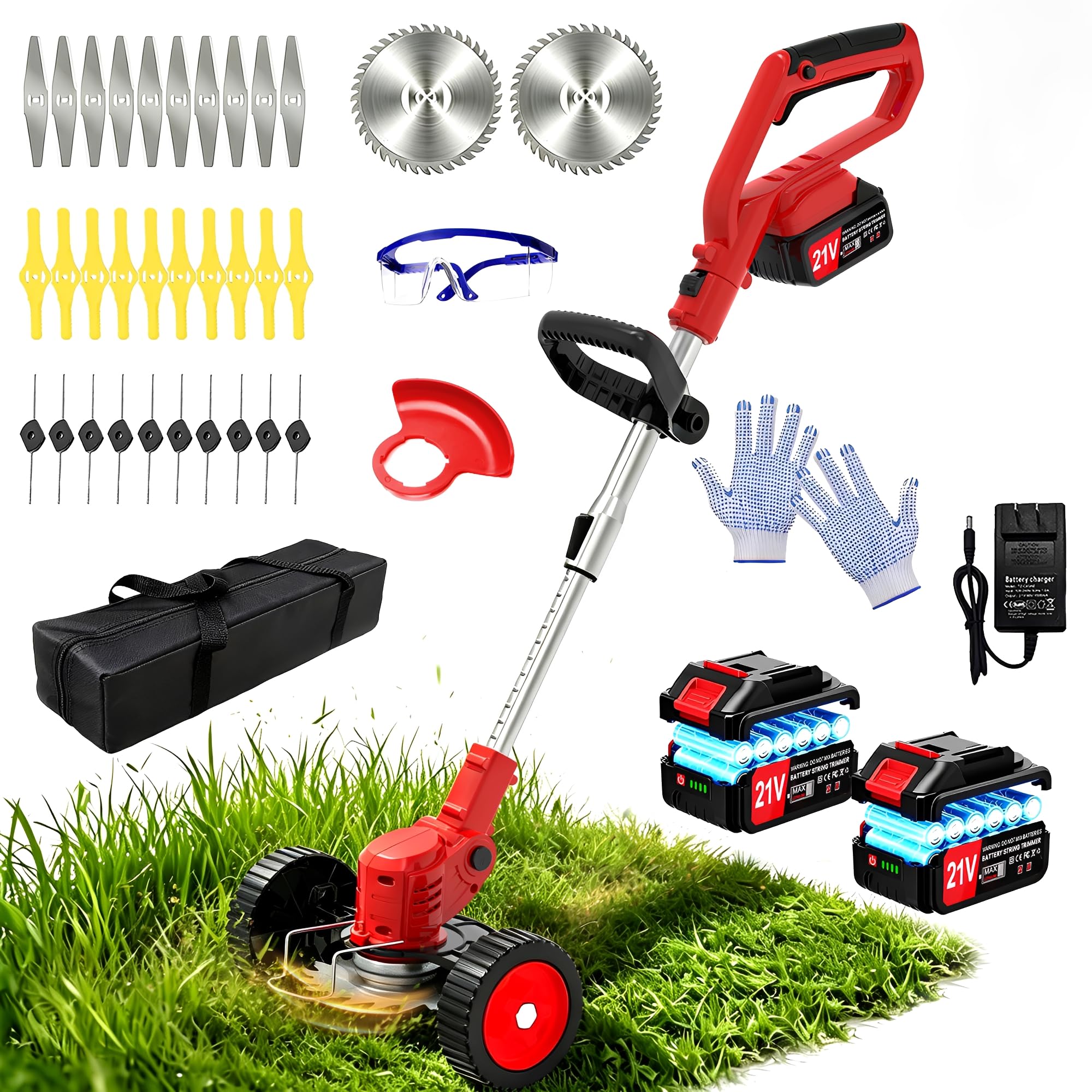 Photo 1 of 21V Electric Weed Wacker Cordless Weed Eater Battery Powered, Lightweight No String Trimmer Battery Operated with Wheels&Metal Blades,4 in 1 Grass Trimmer/Brush Cutter/Lawn Edger/Mower for Garden Yard
