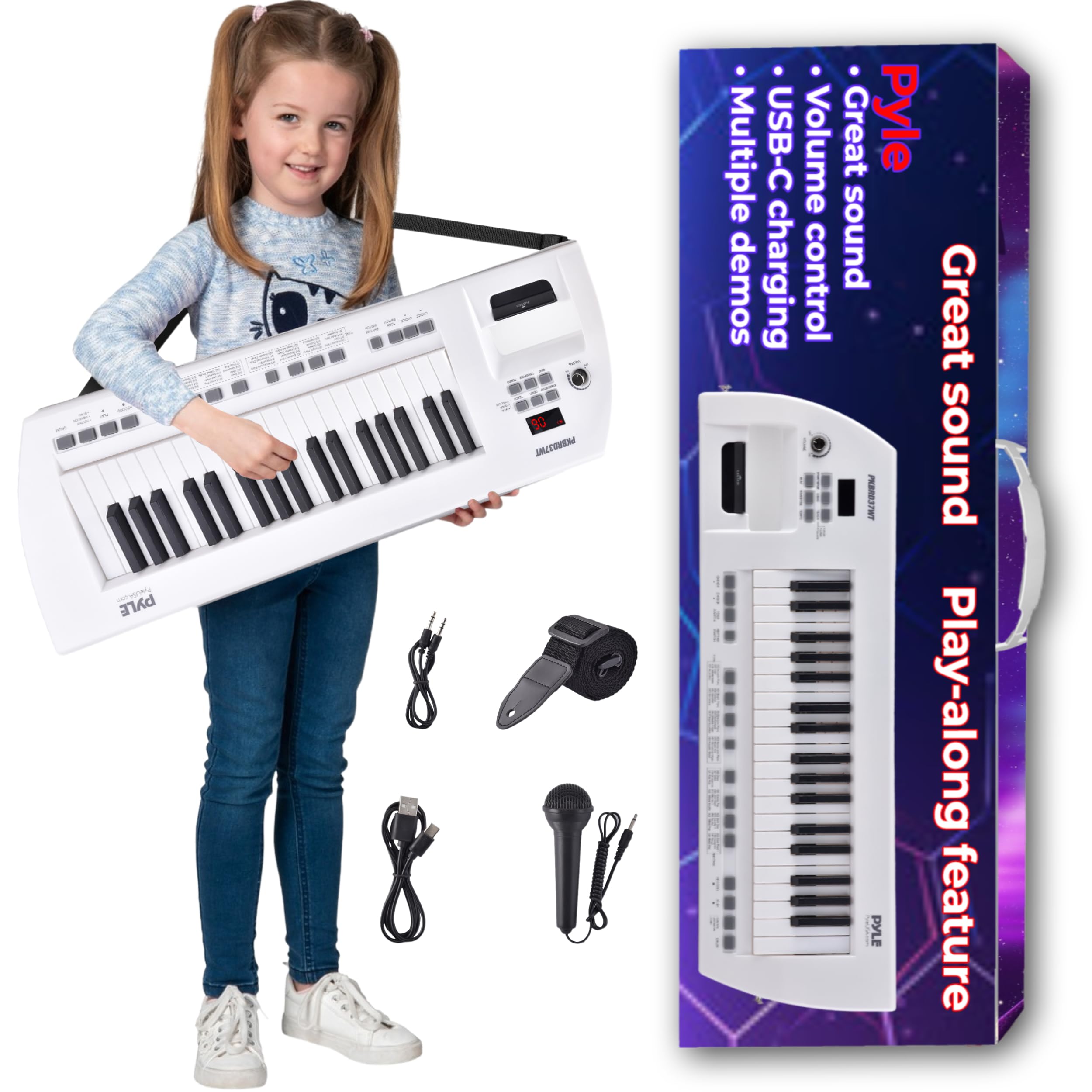 Pyle, Portable Electronic Keytar 37 Keys w/Microphone & Carry Strap, Sustain Controller, Rechargeable Battery-Digital Karaoke Keyboard-Compact Musical Piano White-PKBRD37WT, Stadard (PKBRD37WT)