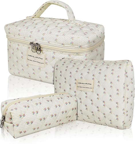 Miniatura 40 de Set de bolsas de maquillaje, bolsa de maquillaje acolchada, bolsa de cosméticos floral grande para mujeres, lindas bolsas de maquillaje de algodón,