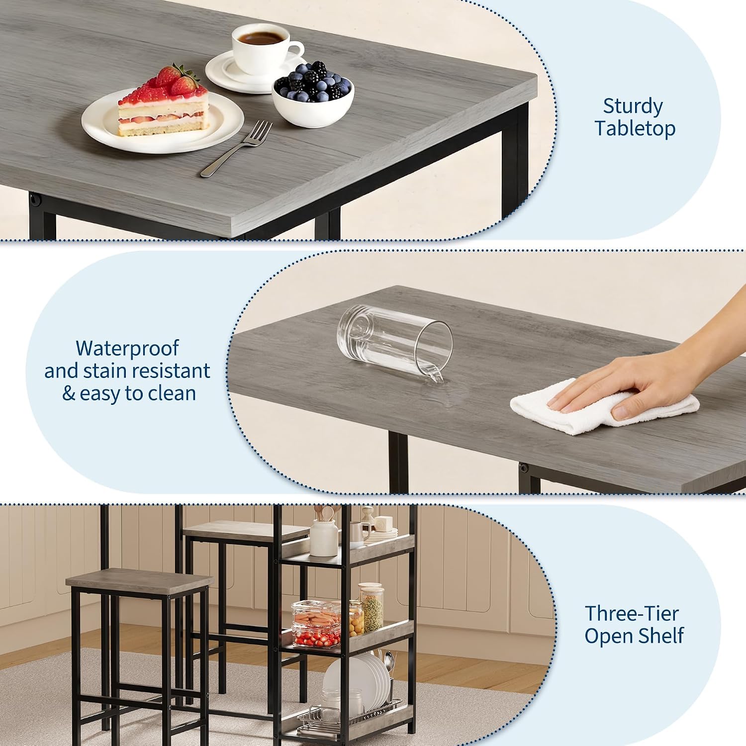 GarveeHome 3-Piece Kitchen Table Set with Storage Shelves & 2 Bar Stools - Iron and Wood Dining Table for Small Spaces, Apartments, Condos, Grey
