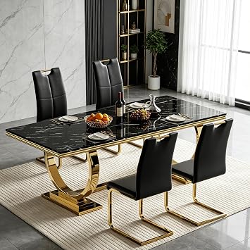 HomVent 68.11" Faux Marble Dining Table Set for 4, Modern Rectangle Dining Table & Chair Sets with Faux Marble Table Top & Stainless Steel Base for Kitchen Dining Room