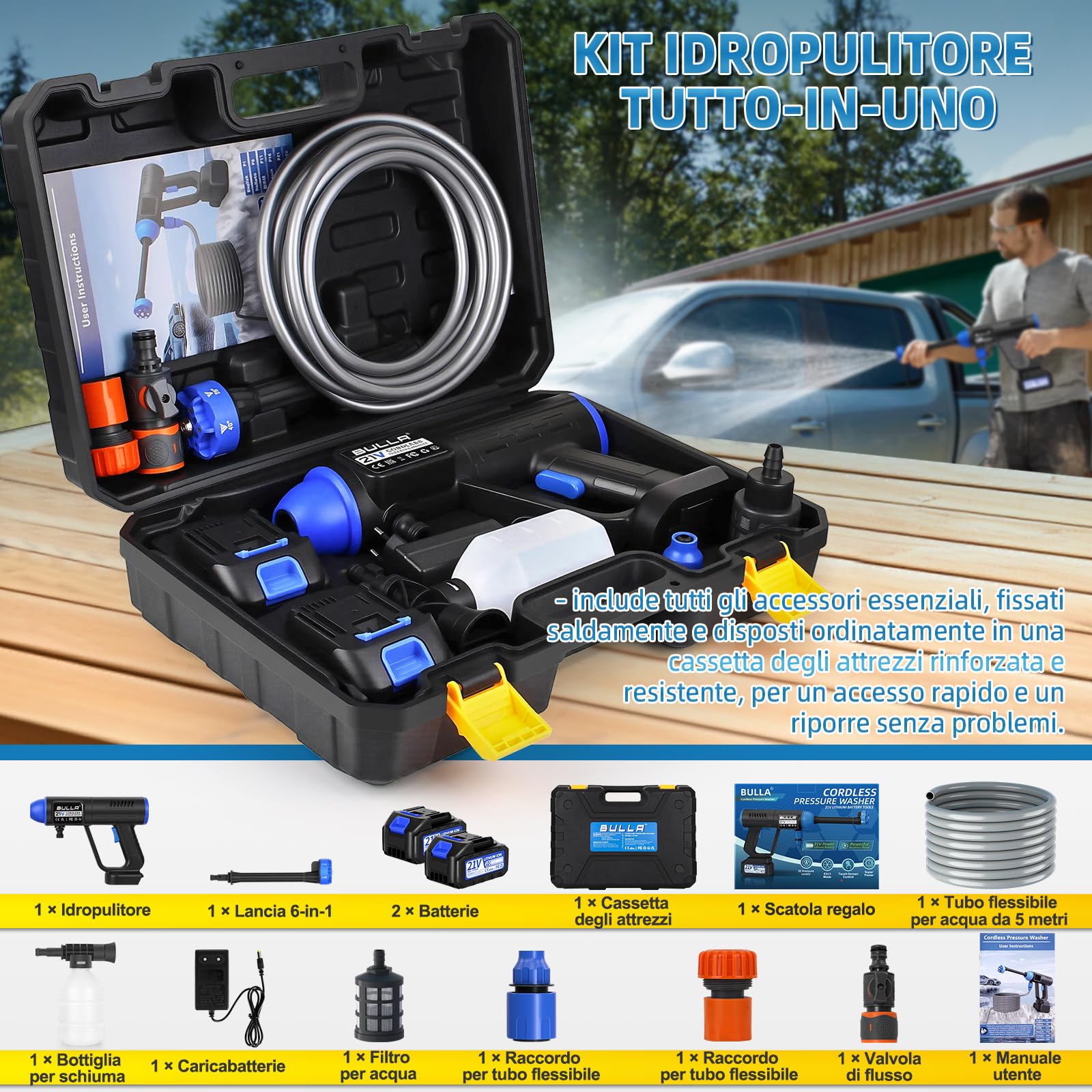 BULLA Pulitore ad Alta Pressione Hydro Blast Pulitore Ad Alta Pressione Mobile Con 2 Batterie Per Balcone E Lavaggio Auto Con Ugello Multifunzionale 6 In 1