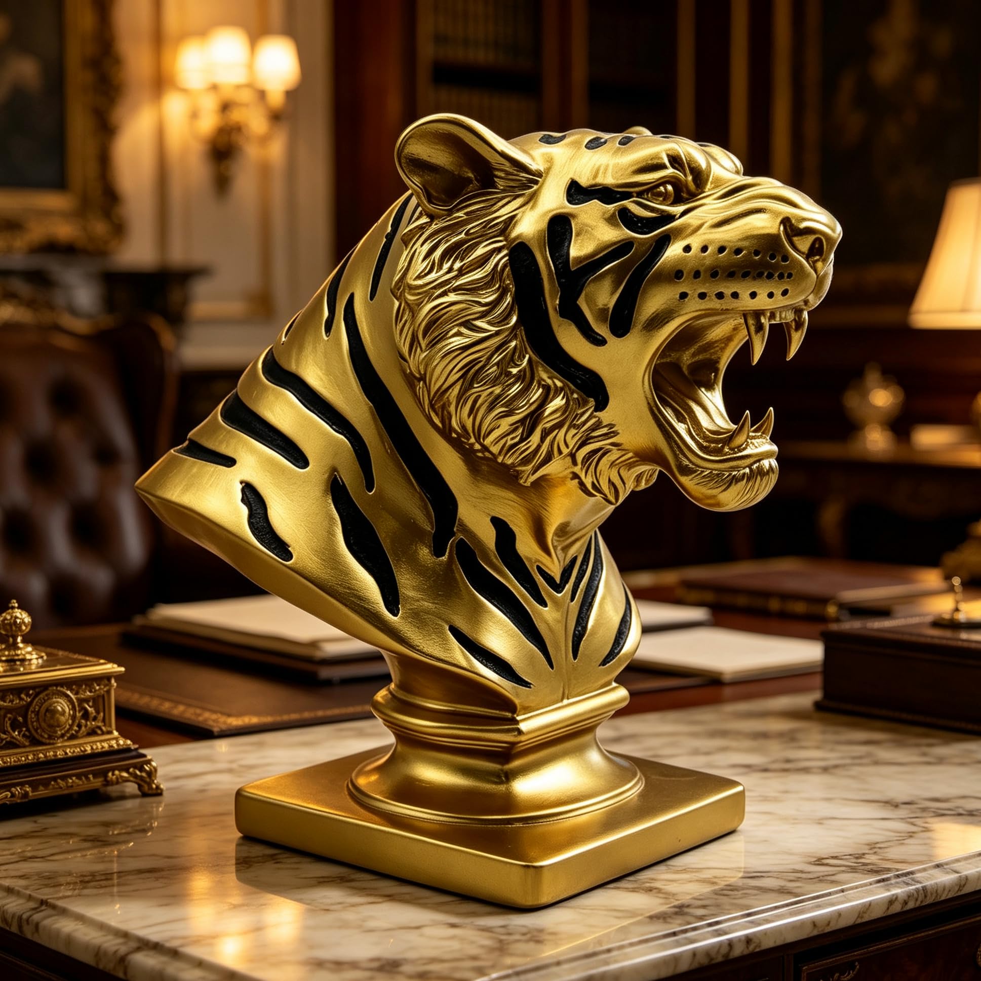 Xindam Gold 9.6 Inch Tiger Bust Statue Tigers Head Figurine Decorative Home & Office Figurines Home Office Display Craft Living Room Decor Ornaments For Tabletop