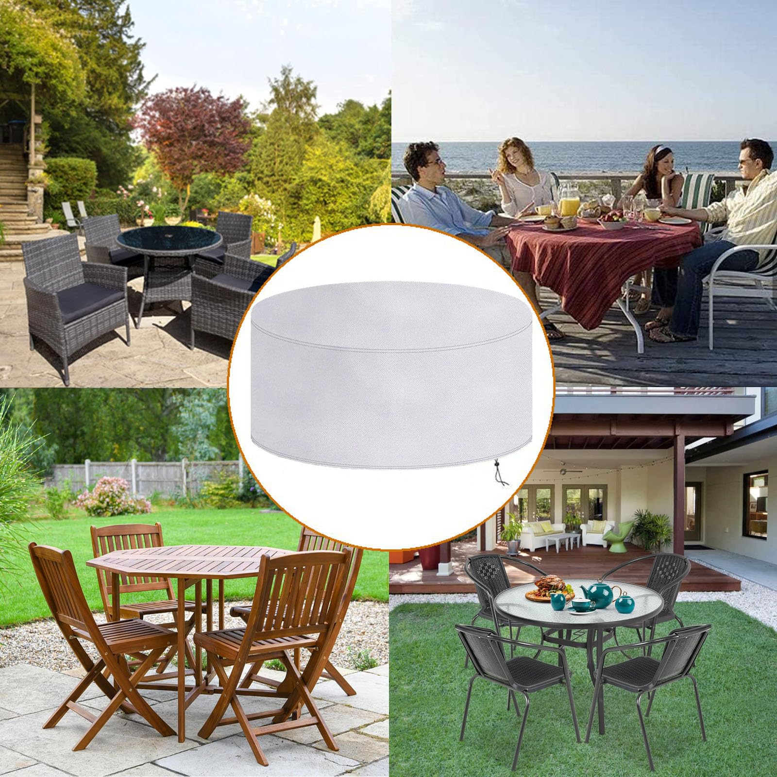 Copertura per Tavolo Esterno Rotondo 110x110cm(ØxH)Copertura per Mobili da Giardino Impermeabile,Antivento,Anti-UV,Resistente Allo Strappo,420D Oxford Tessuto Protettivo per Tavolo e Sedie-Argento