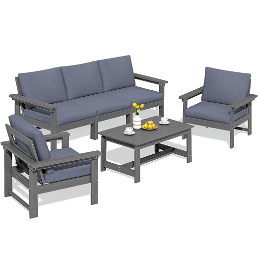 SERWALL HDPE Patio Conversation Set, 3-Piece Sectional Outdoor Patio Furniture Set, All Weather Patio Couch Set Patio Furniture Set for Deck, Lawn, Grey Frame with Grey Cushion