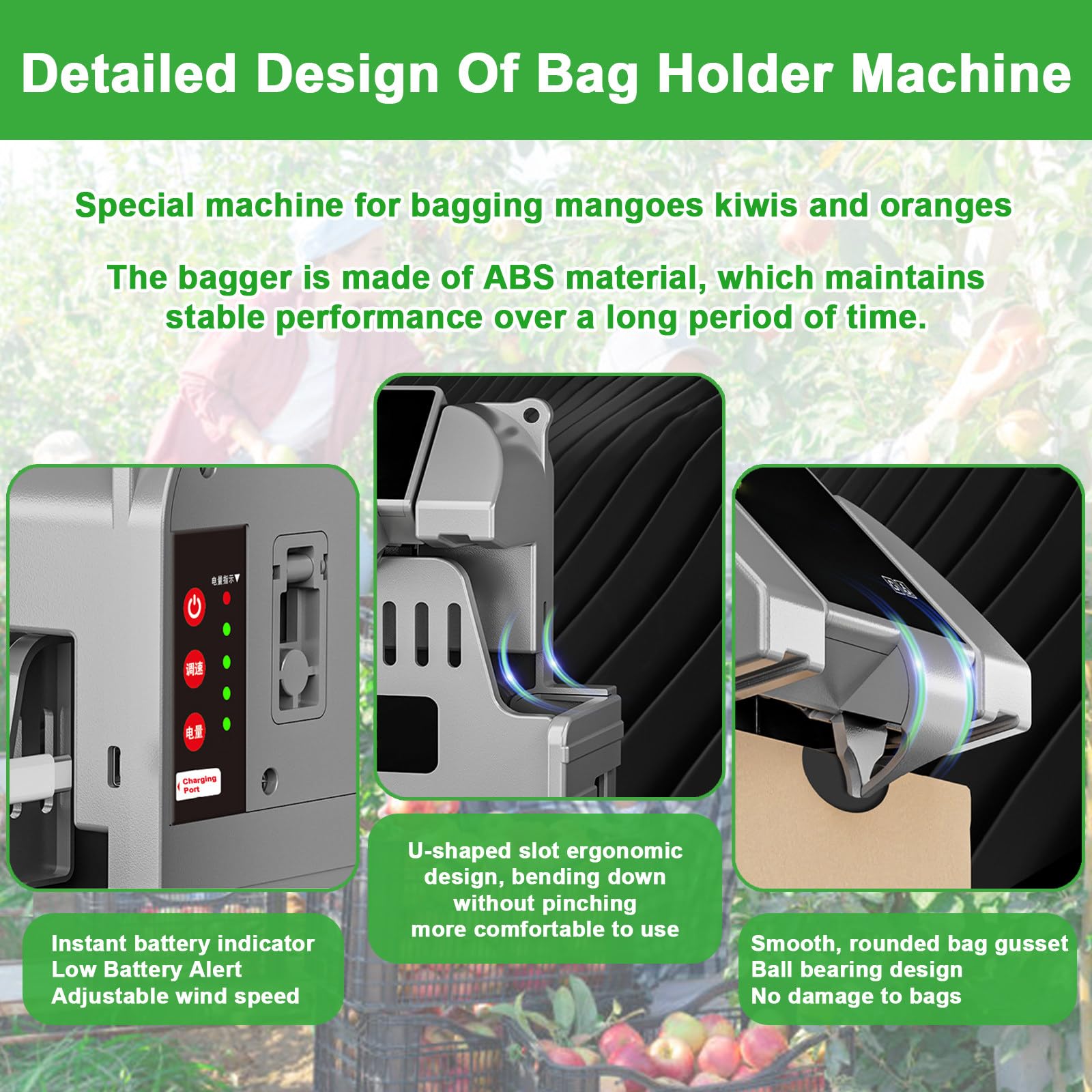 Embolsadora eléctrica de frutas, equipo de huerto portátil automático, con deflector ajustable y 3 ajustes de velocidad.