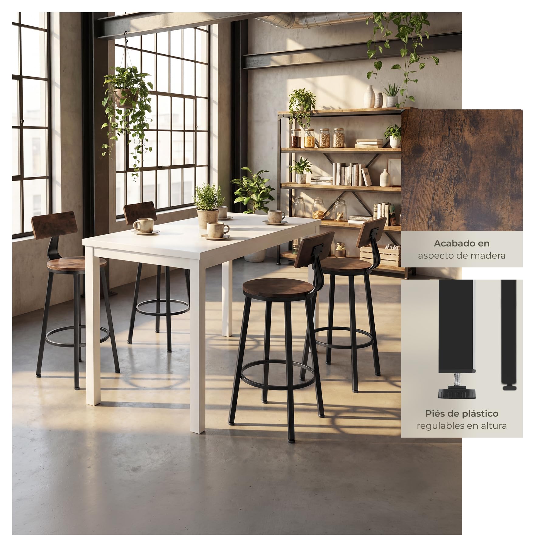 tectake® Taburete con Respaldo, Taburete Alto Cocina con Estructura de Acero, Taburetes Madera para Isla Cocina Resistentes, Sillas de Comedor - Set de 4 Madera Industrial Oscura, Rústica