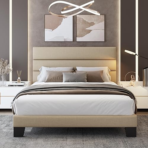 Miniatura 3 de WEEWAY Base de cama Queen con cabecera tapizada de tela de lino y soporte de listones de madera, base de colchón resistente, no necesita somier,