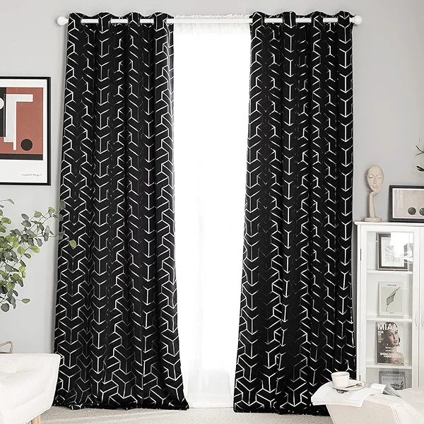 NICETOWN Blackout Curtains for Patio, Foil Printed Geometric Home Decoration Thermal Insulated Grommet Blackout Draperies/Drapes for Large Window Living Room (2 Panels, 52 inches x 95 inches,Black)