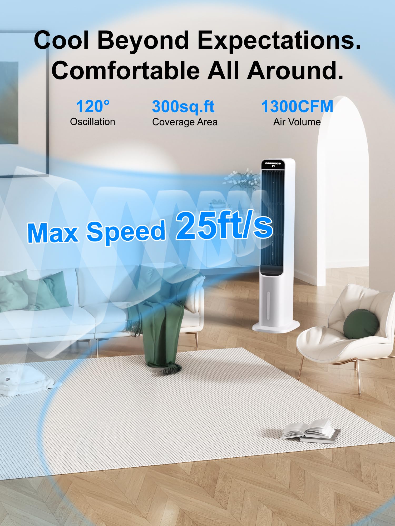 MEPTY Evaporative Air Cooler - 3-in-1 Cooling Fan With 120° Oscillation, 12H Timer & 3 Speeds For Bedroom, Office (Not An AC)