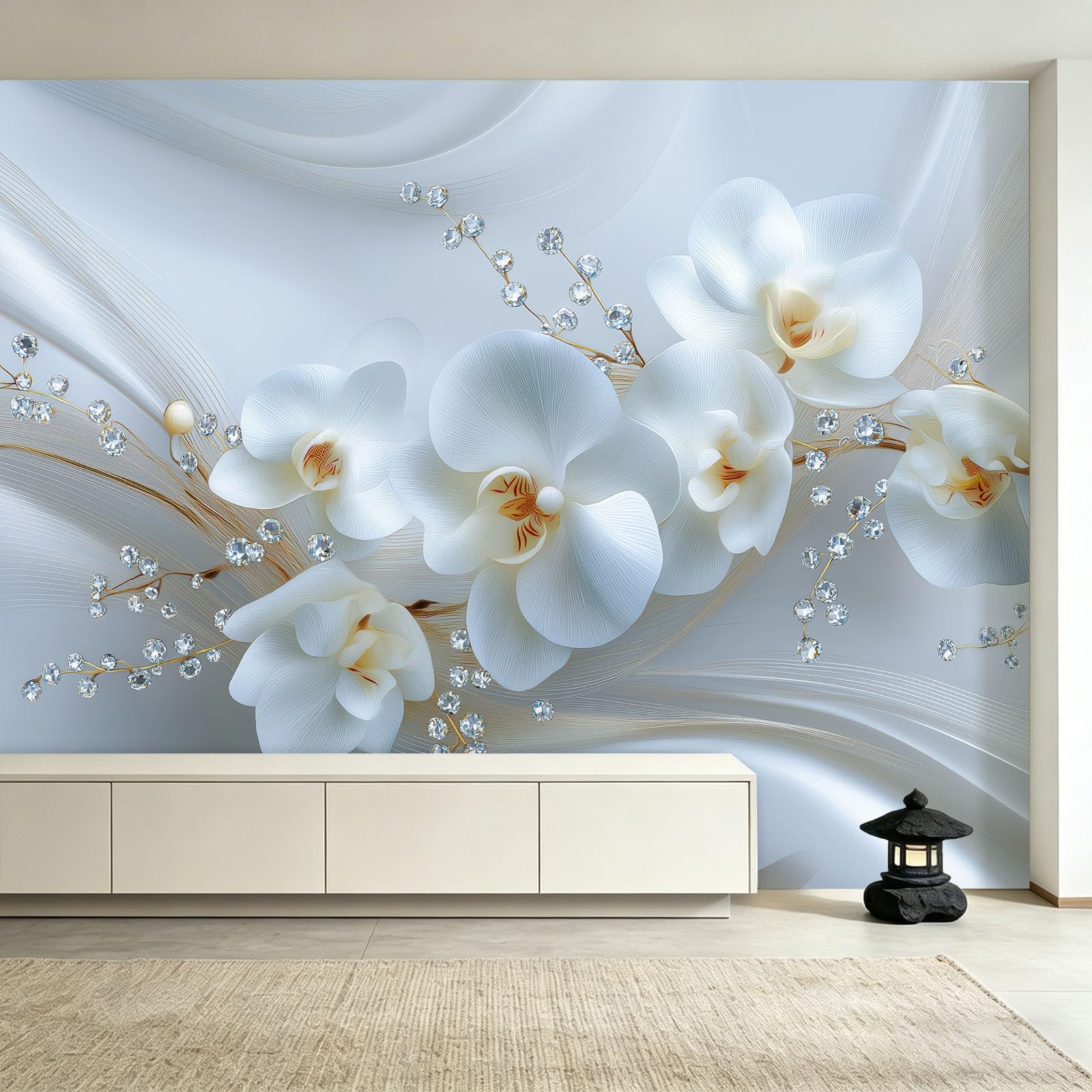 Minimalistyczna fototapeta 3D, storczyki, kryształy, krzywe tapeta z włókniny, 200 x 140 cm, tapeta ścienna 3D, tapeta ścienna do salonu, kuchni, sypialni i pokoju dziecięcego