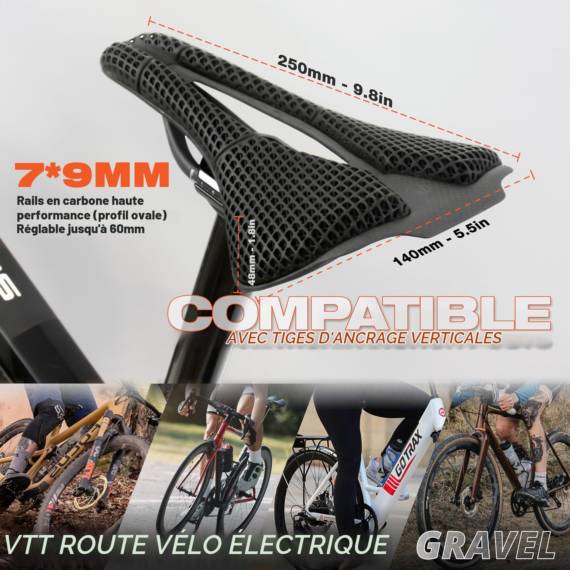 IMPALAPRO Selle 3D Carbone Imprimée Ultraléger 195g Vélo Route — Selle Vélo en Carbone T800 Nid d'abeille Ergonomique Évidement Central Respirante — Rails Ovales 7x9mm | VTT Gravel 250x140mm