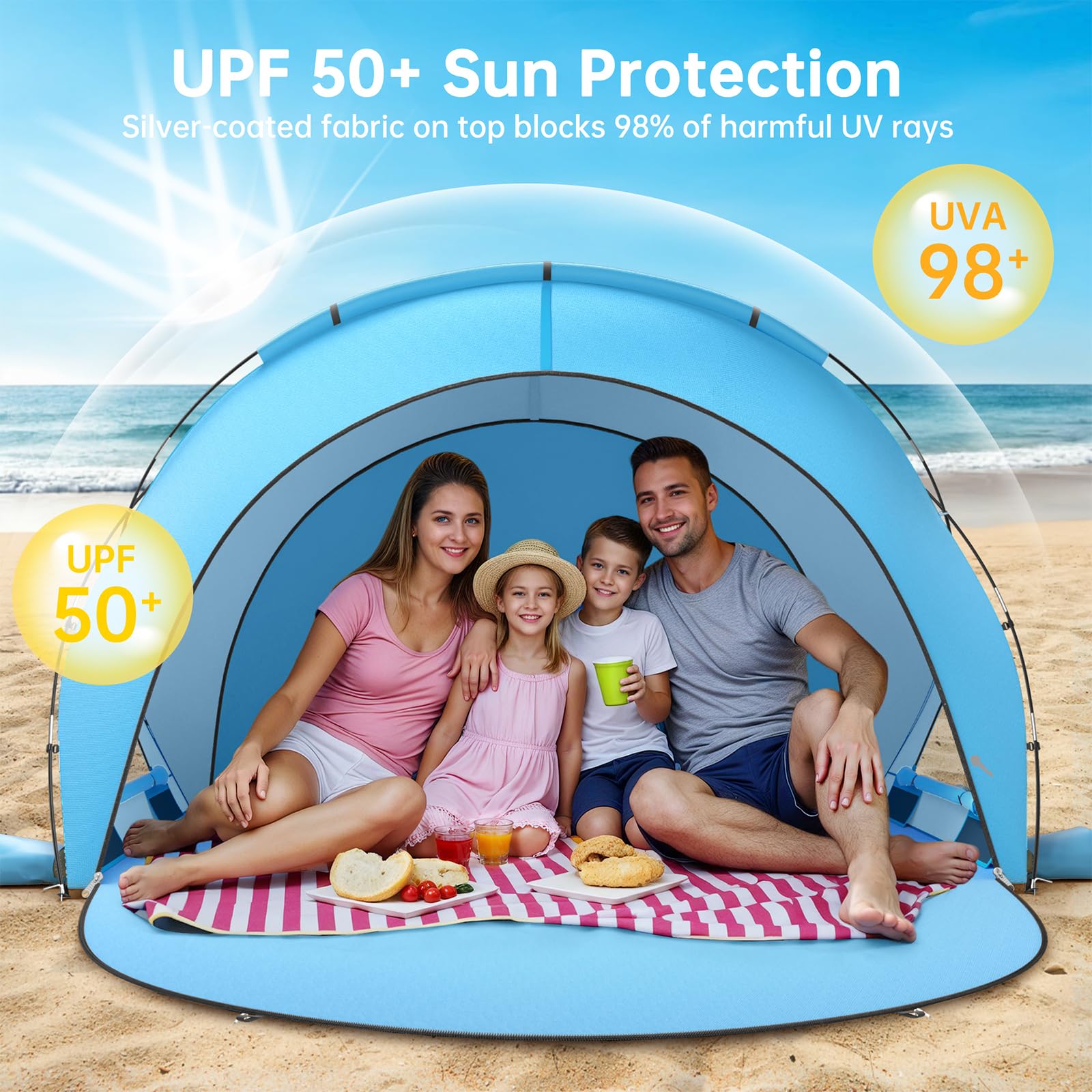 Raynesys Tenda da Spiaggia Parasole, Ombrellone con 2 Porte con Cerniera, Tenda da Spiaggia per 1-4 Persone, Parasole Portatile per Campeggio e Pesca, Blu