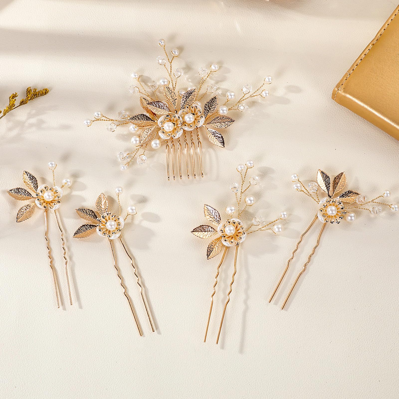 5 piezas de peine y horquillas para el cabello de hoja dorada, accesorios para el cabello de novia, clip de pelo de boda para novias, piezas de cabeza de boda hechas a mano con diamantes de imitación 2